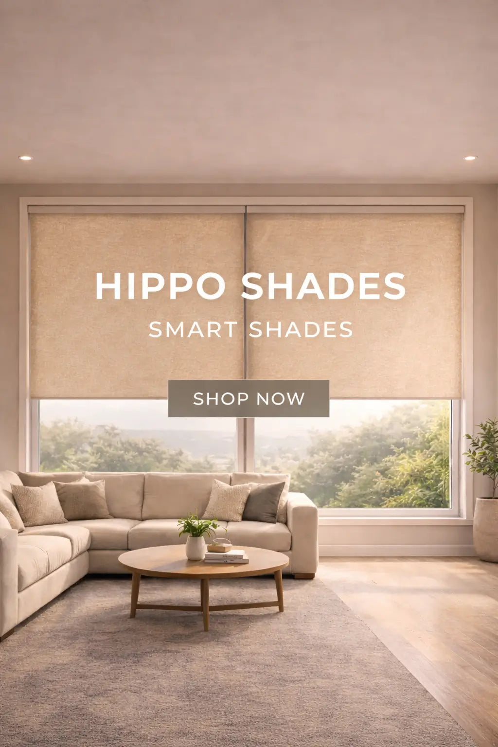 Living room with beige sofa and window blinds, featuring 'Hippo Shades' branding.