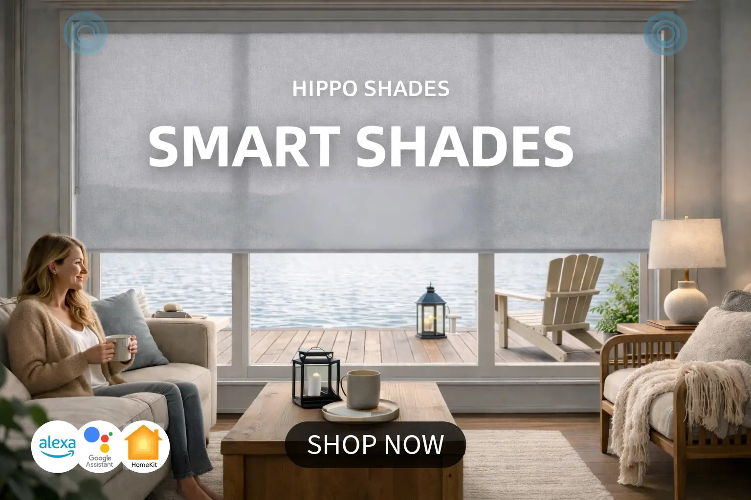 Living room with smart shades and a woman holding a mug, promoting Hippo Shades.