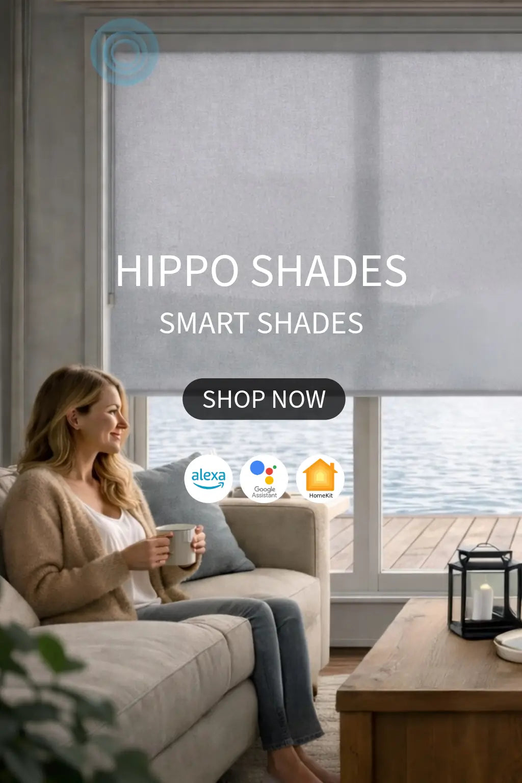 Woman sitting on a couch with a cup, looking out a window with smart shades, and promotional text for Hippo Shades.