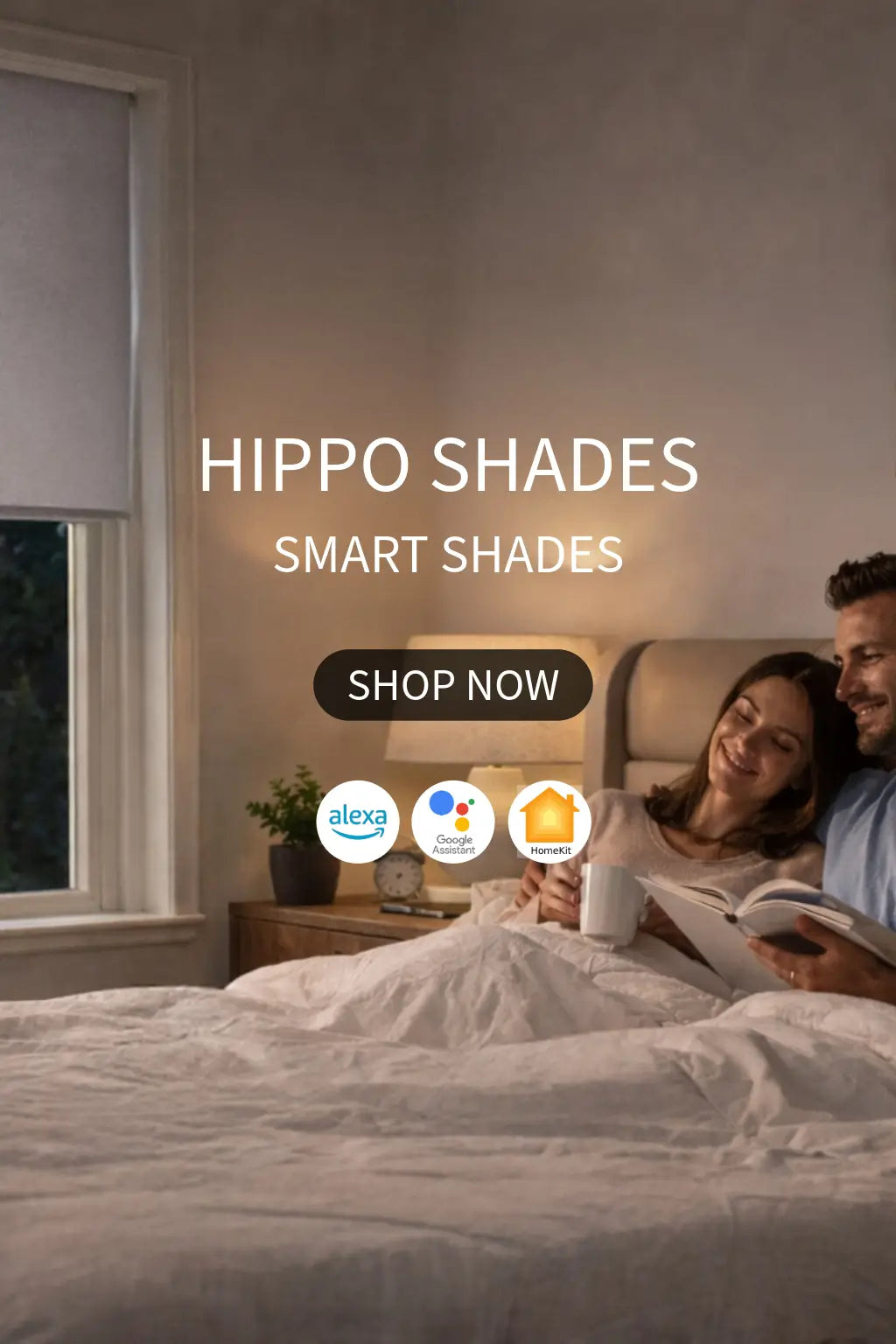 Woman in bed with Hippo Shades smart shades and a 'Shop Now' button.