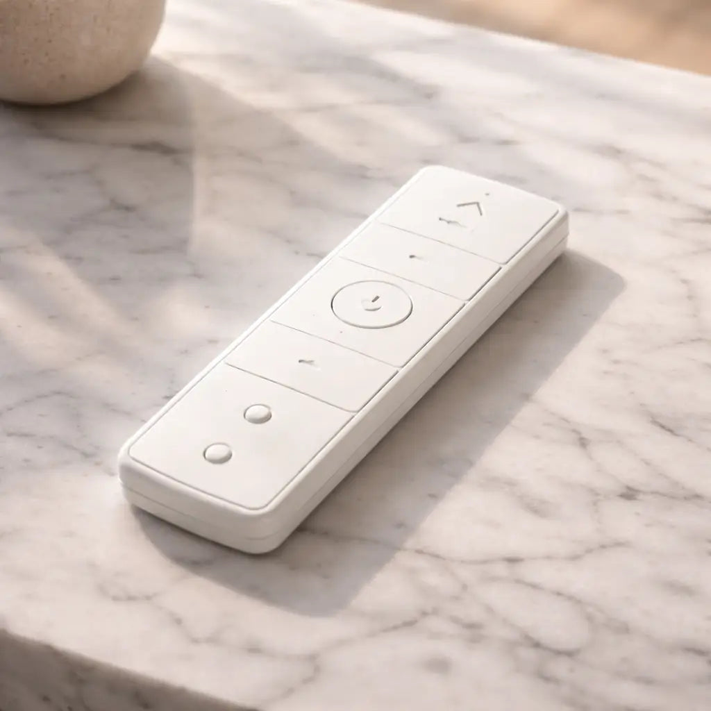 White remote control on a marble surface