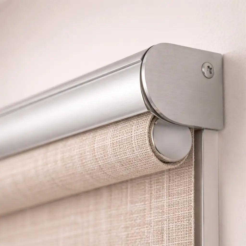 Close-up of a roller blind with a metal bracket on a neutral background