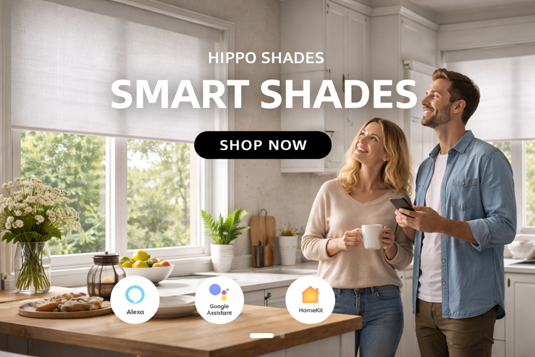 Couple in a kitchen with smart home devices and 'Hippo Shades Smart Shades' branding.