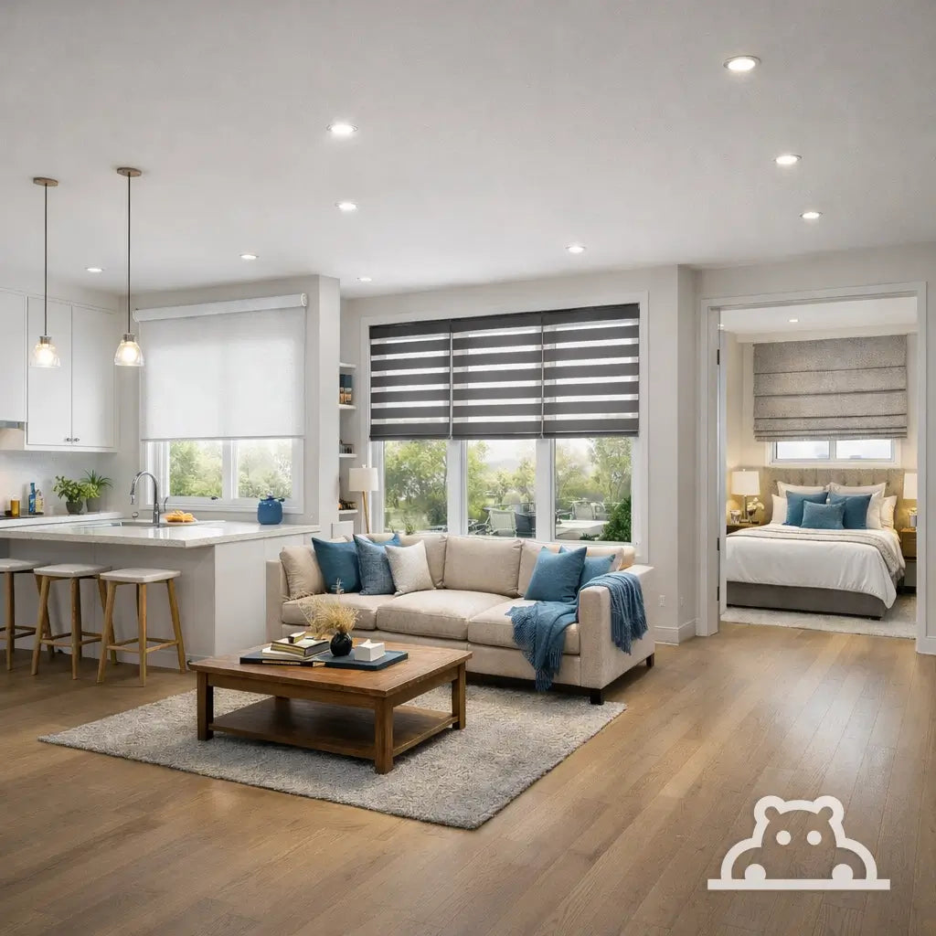 Modern living room with a view into a bedroom, featuring a sofa, coffee table, and kitchen area.
