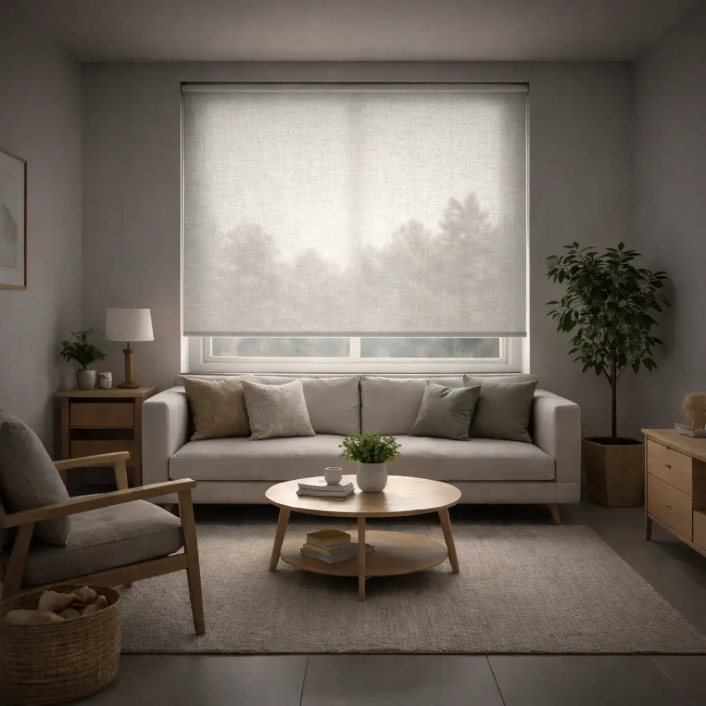 Hippo Shades Economy Collection Light Filtering Roller Shade in White, 100% closed showing soft diffused sunlight.