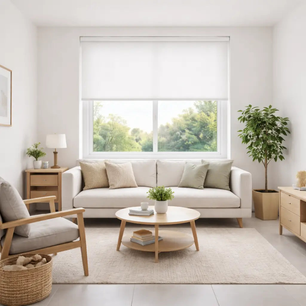 Hippo Shades Economy Collection Light Filtering Roller Shade in White, halfway open in a bright modern living room.