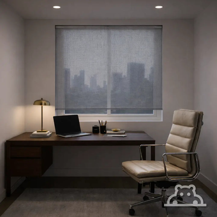 High-tech home office featuring a closed grey technical mesh roller shade that reduces glare while maintaining a faint view of city skyscrapers.