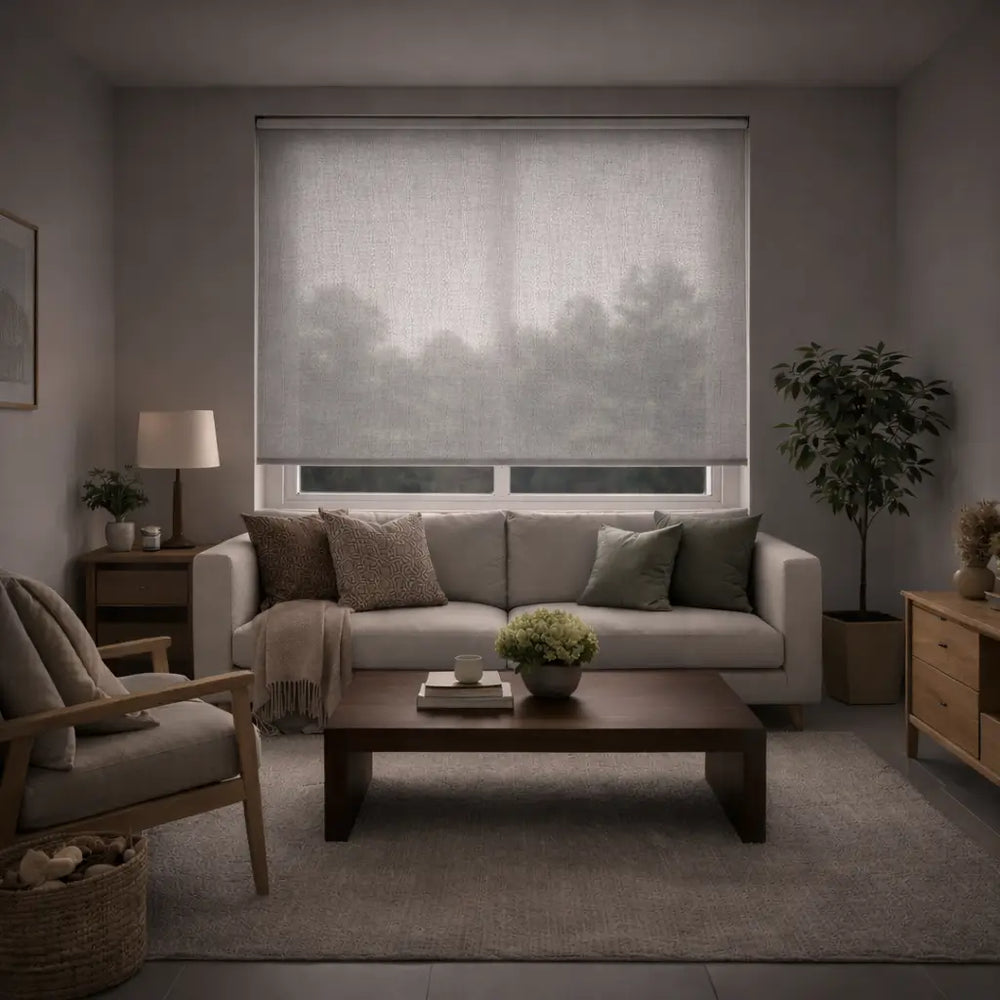 Hippo Shades Residential Collection Light Filtering Roller Shade, 100% closed showing elegant fabric texture and soft privacy.