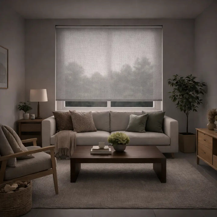 Hippo Shades Residential Collection Light Filtering Roller Shade, 100% closed showing elegant fabric texture and soft privacy.