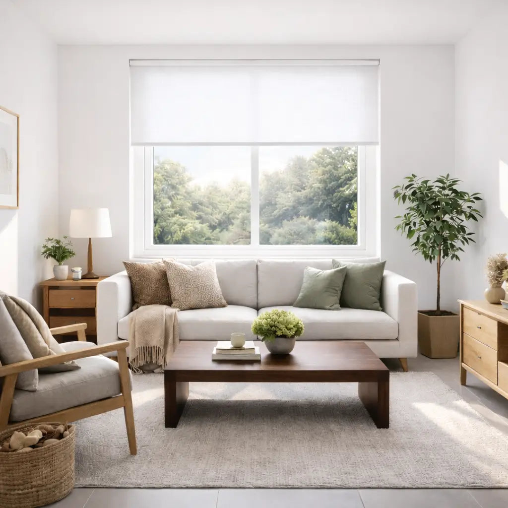Hippo Shades Residential Collection Light Filtering Roller Shade, halfway open in a premium designer living room.