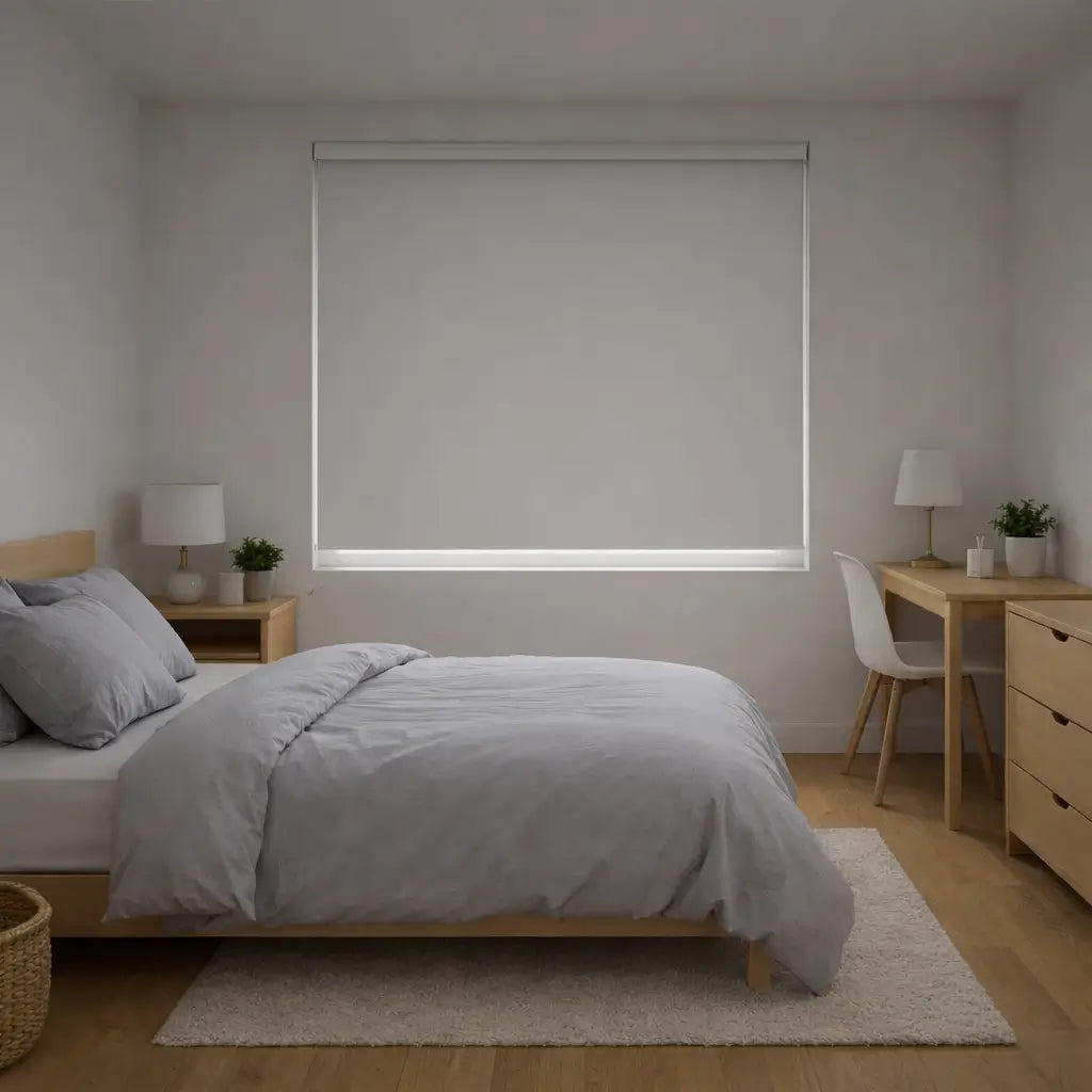 Hippo Shades Budget Friendly Blackout Roller Shade in White, 100% closed for total room darkness.