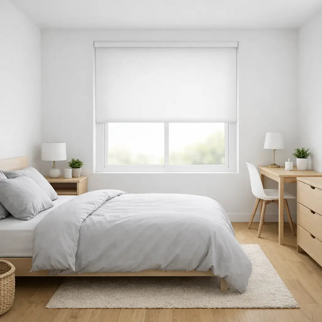 Hippo Shades Budget Friendly Blackout Roller Shade in White, halfway open in a modern minimalist bedroom.
