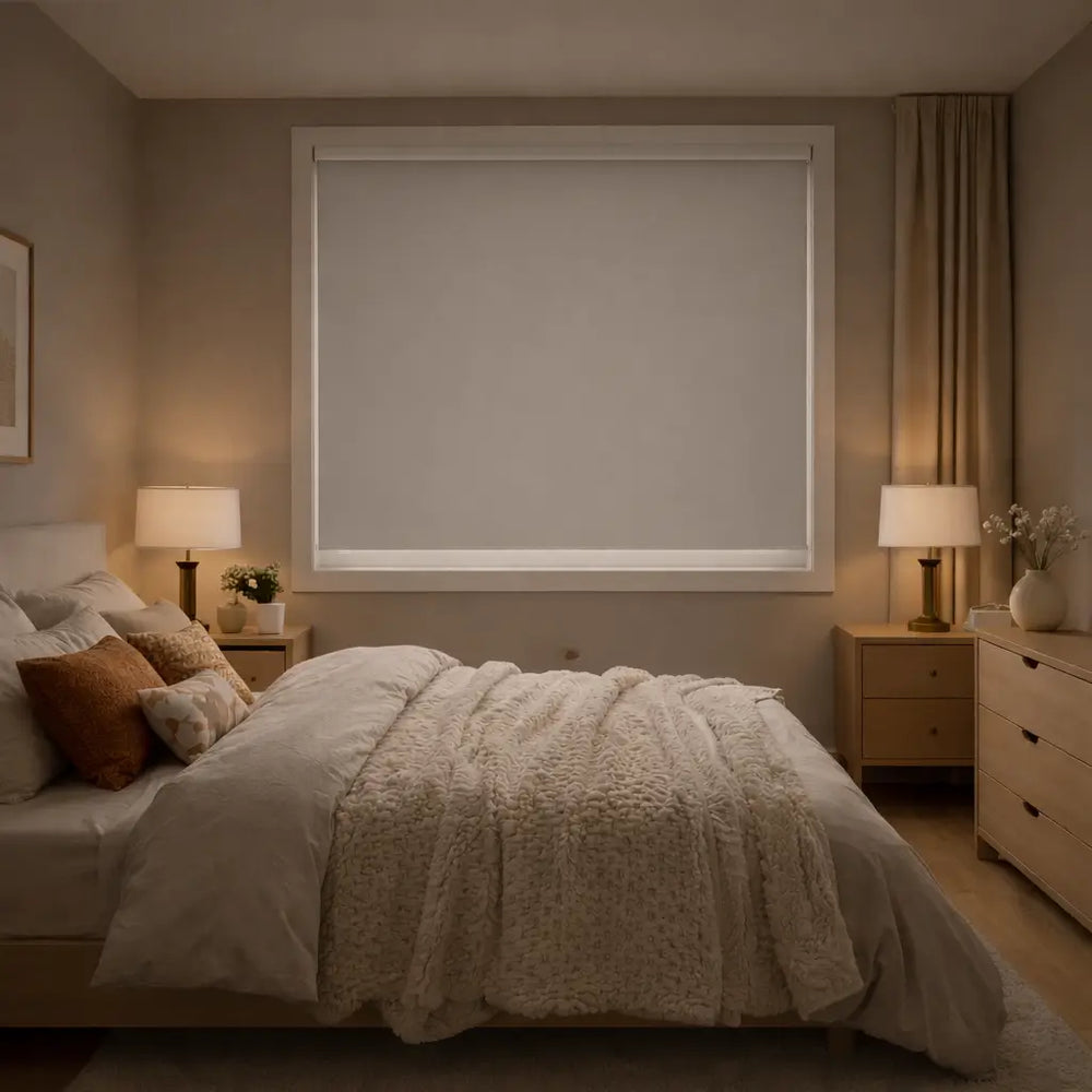 Hippo Shades Mid-Range Blackout Roller Shade in White, 100% closed for maximum privacy and light control.
