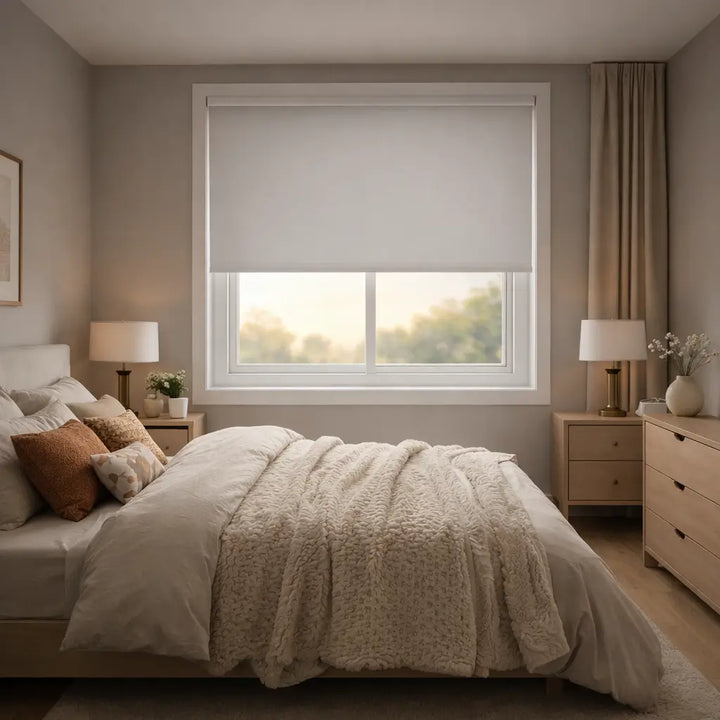 Hippo Shades Mid-Range Blackout Roller Shade in White, halfway open in a cozy residential bedroom.