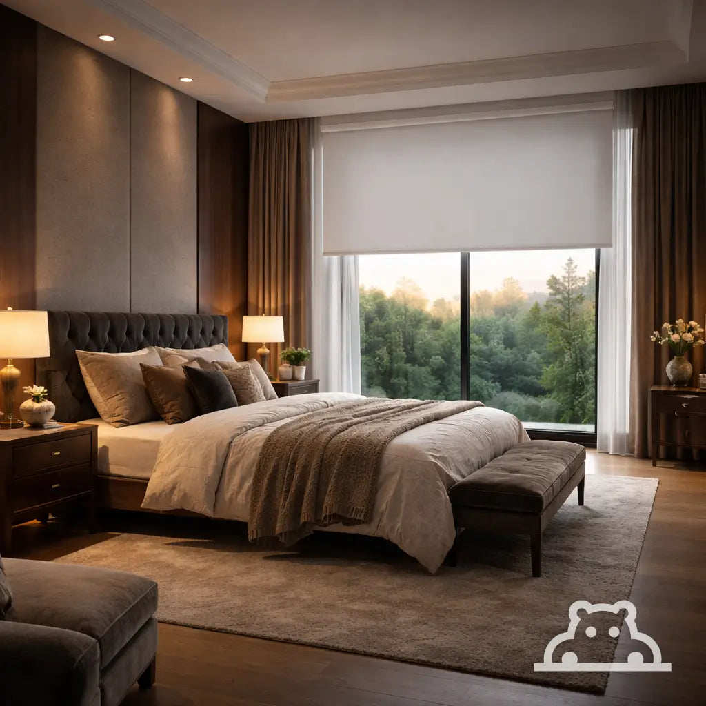 Hippo Shades Premium Collection Blackout Roller Shade in White, halfway open in a luxury master bedroom suite.