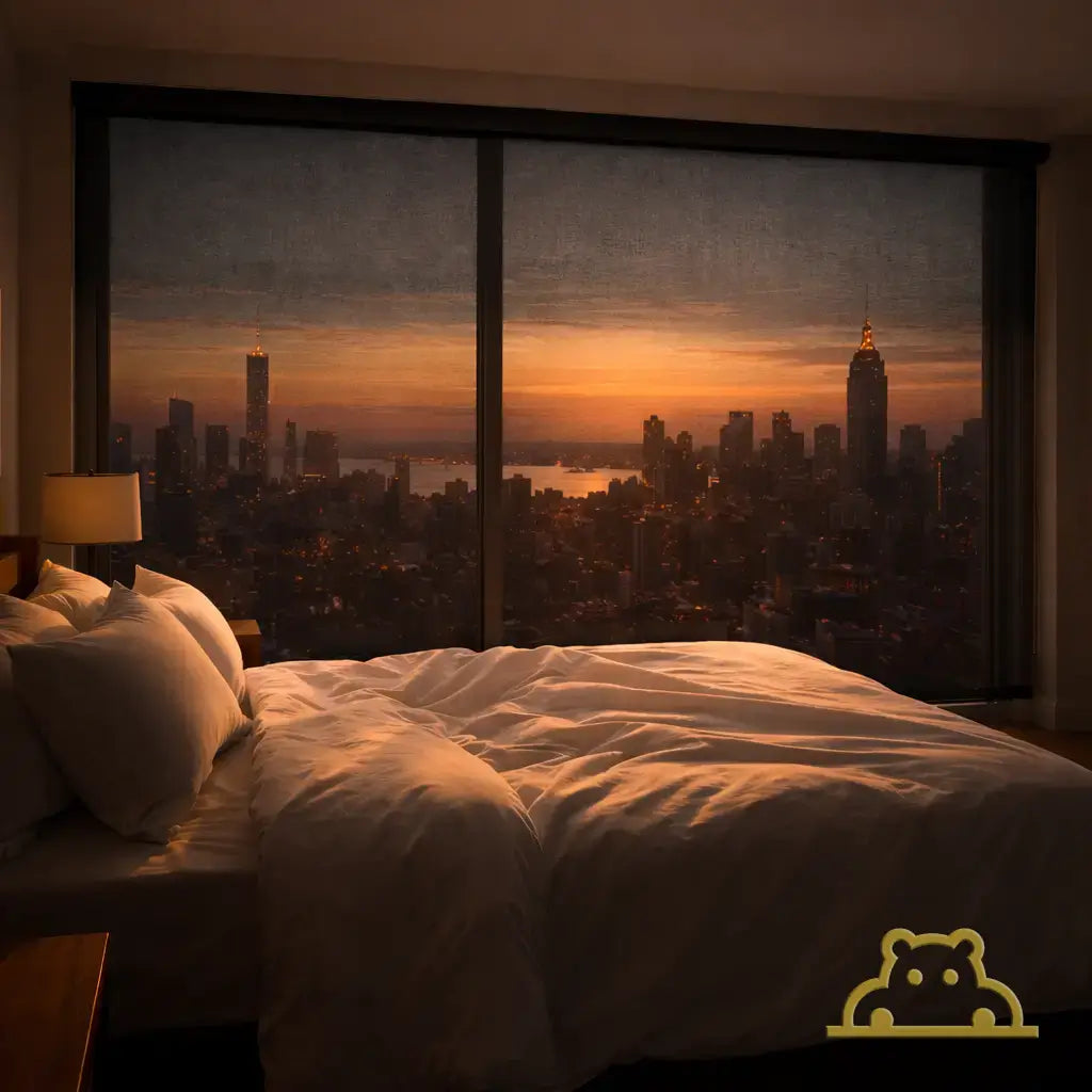 Penthouse bedroom with fully closed Sunscreen Shade, preserving city views while blocking sunset heat.