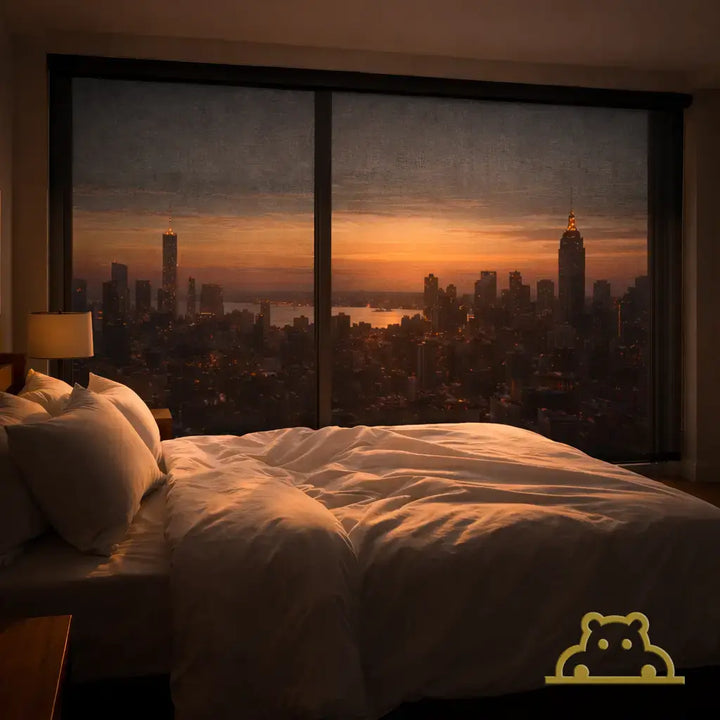Penthouse bedroom with fully closed Sunscreen Shade, preserving city views while blocking sunset heat.