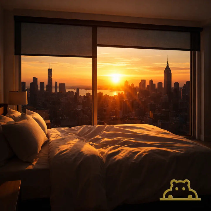 Penthouse bedroom at sunset with intense orange solar heat flooding the white bedding.