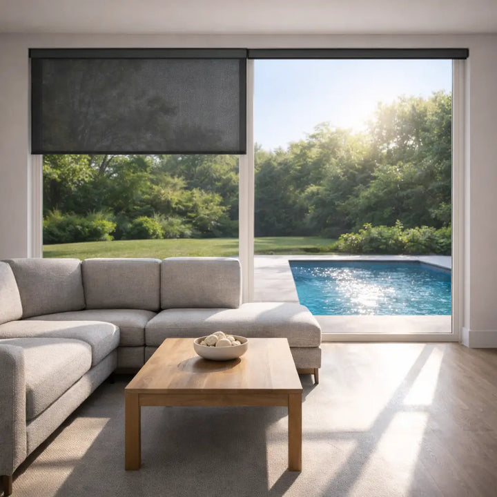 Luxury living room with large windows overlooking a swimming pool, featuring one Charcoal Sunscreen Shade partially open with bright sun glare on the floor.