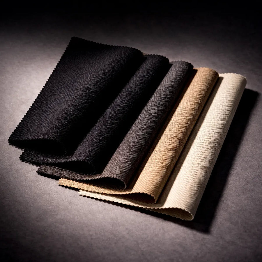 Roller shades blackout fabric swatches showing premium opaque textures in neutral tones