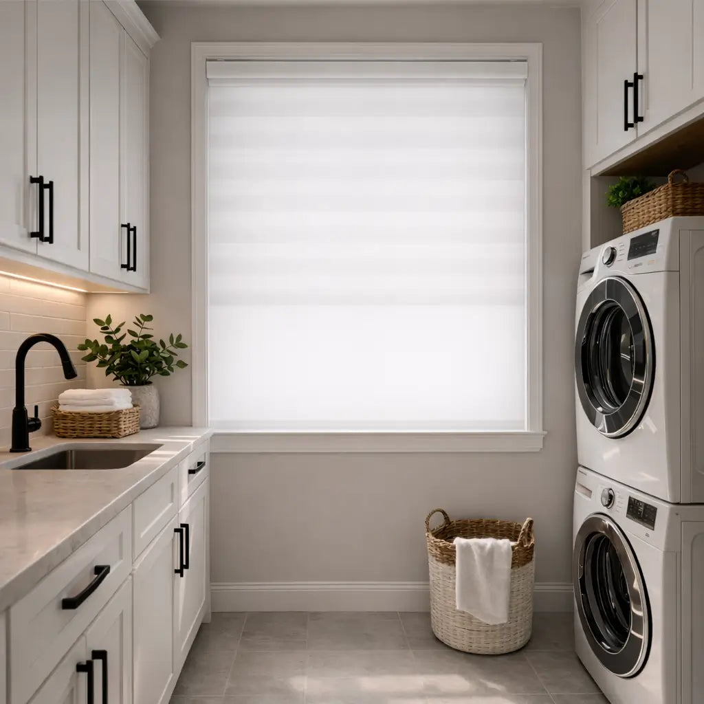 White Semi-Blackout Zebra Shades in the closed position, demonstrating privacy with a soft diffused glow.