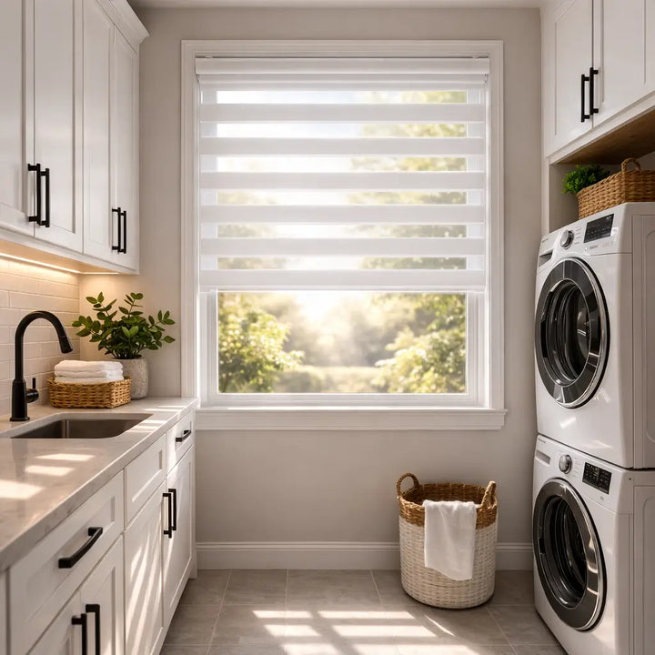 Clean laundry room with White Semi-Blackout Zebra Shades in the open position, showing diffused light filtering through.