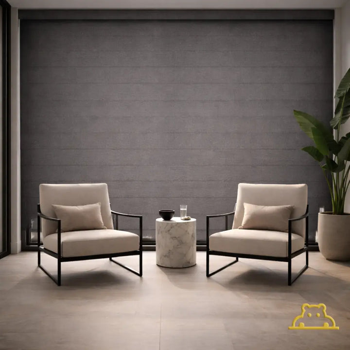 Charcoal Semi-Blackout Zebra Shades in the closed position, providing total privacy with a sophisticated metallic glow.