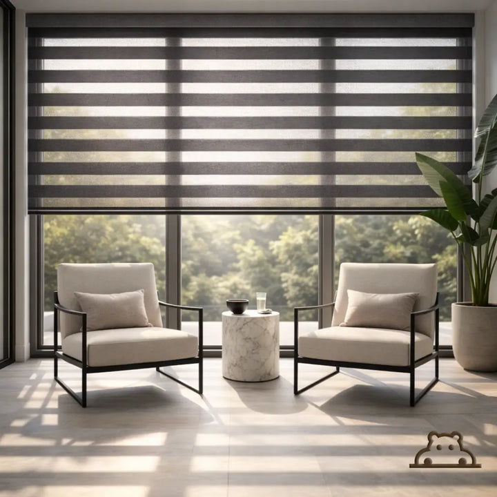 Luxury sunroom with Charcoal Semi-Blackout Zebra Shades in the open position showcasing designer metallic fabric.