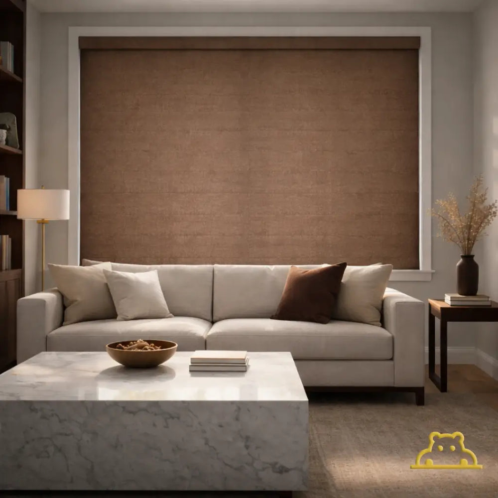 Mocha Semi-Blackout Zebra Shades in the closed position, providing elegant privacy and a soft filtered glow.