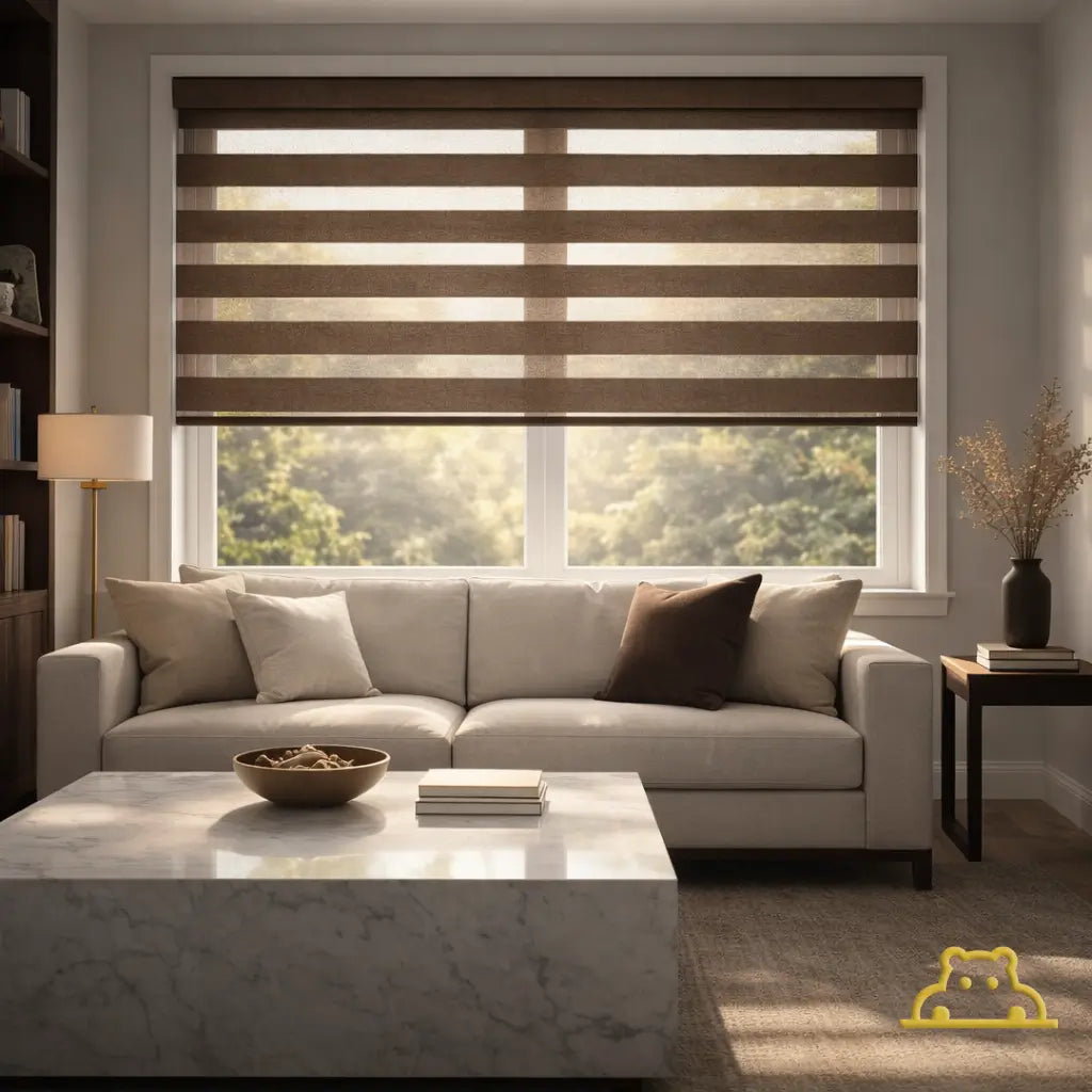 Premium living room with Mocha Semi-Blackout Zebra Shades in the open position showcasing textured fabric.