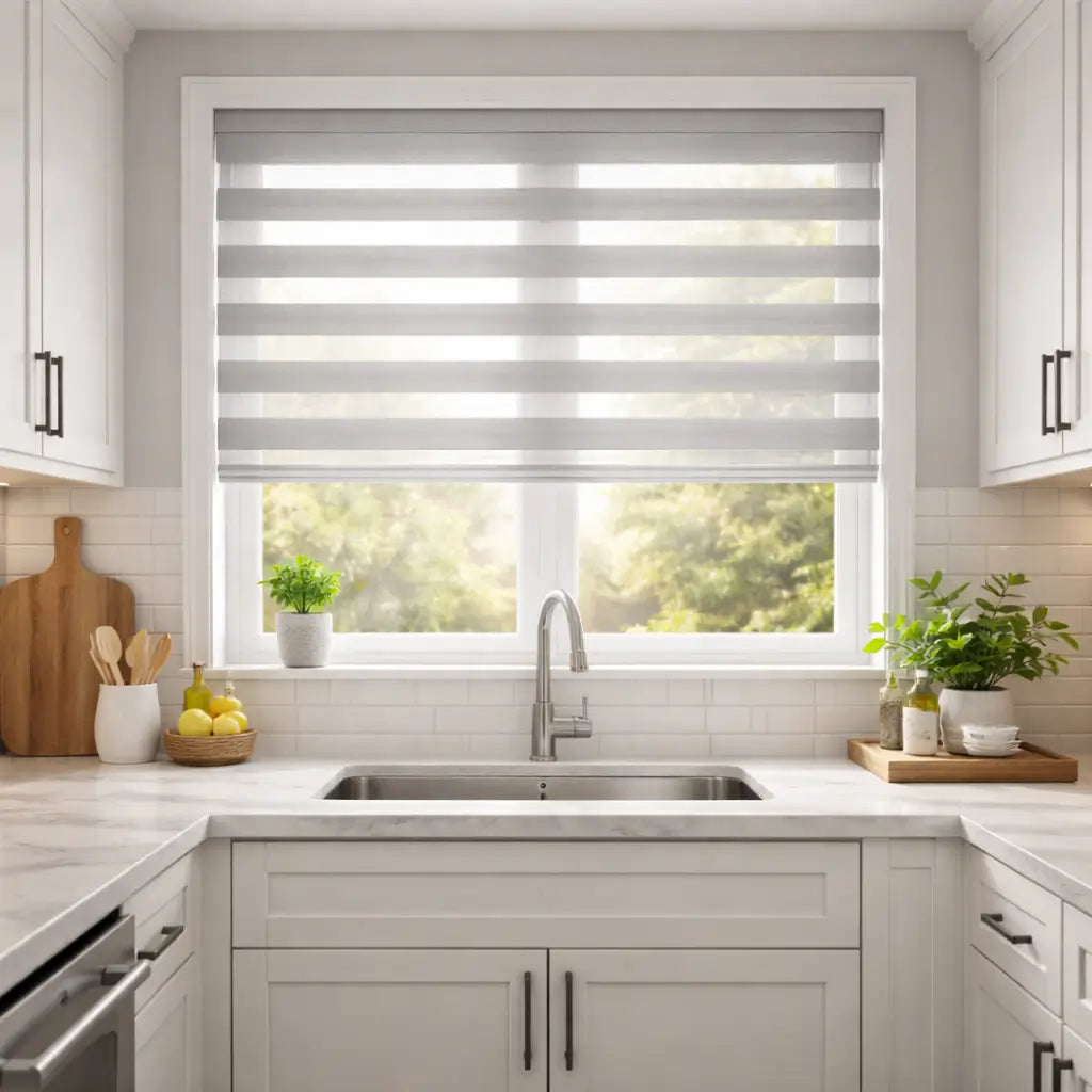 Modern kitchen with Soft Gray Semi-Blackout Zebra Shades in the open position with diffused morning light.