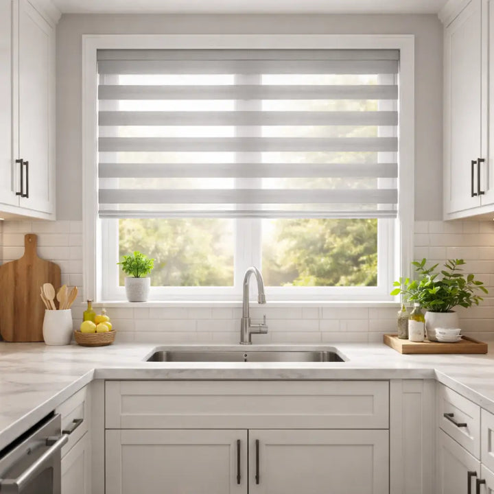 Modern kitchen with Soft Gray Semi-Blackout Zebra Shades in the open position with diffused morning light.