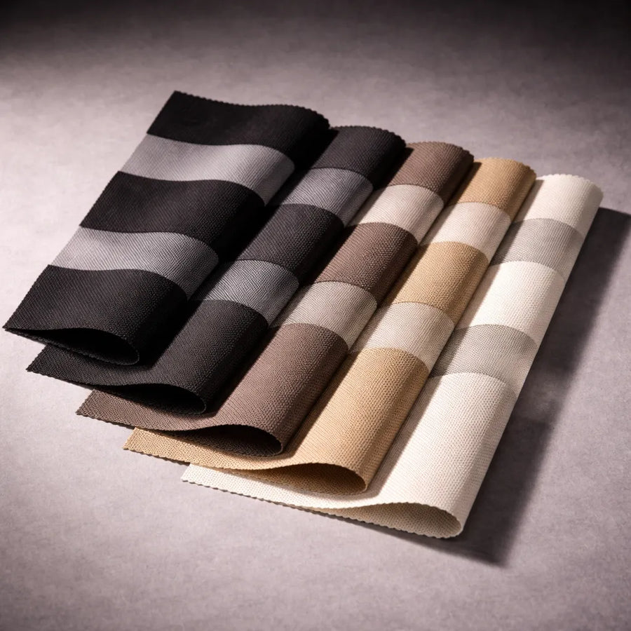 Zebra shades blackout fabric swatches with bold alternating opaque bands for complete light control