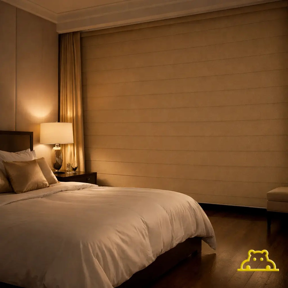 Champagne Blackout Zebra Shades in the closed position, demonstrating total hotel-grade blackout performance.