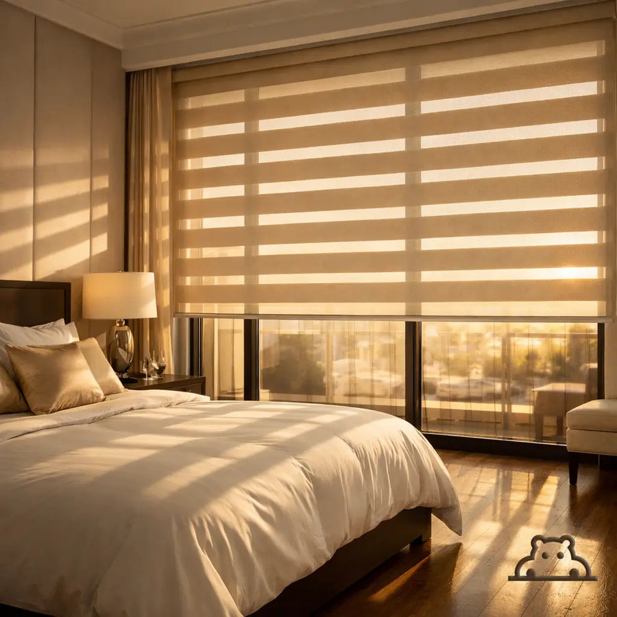 Luxury master suite with Champagne Blackout Zebra Shades in the open position casting elegant light stripes.
