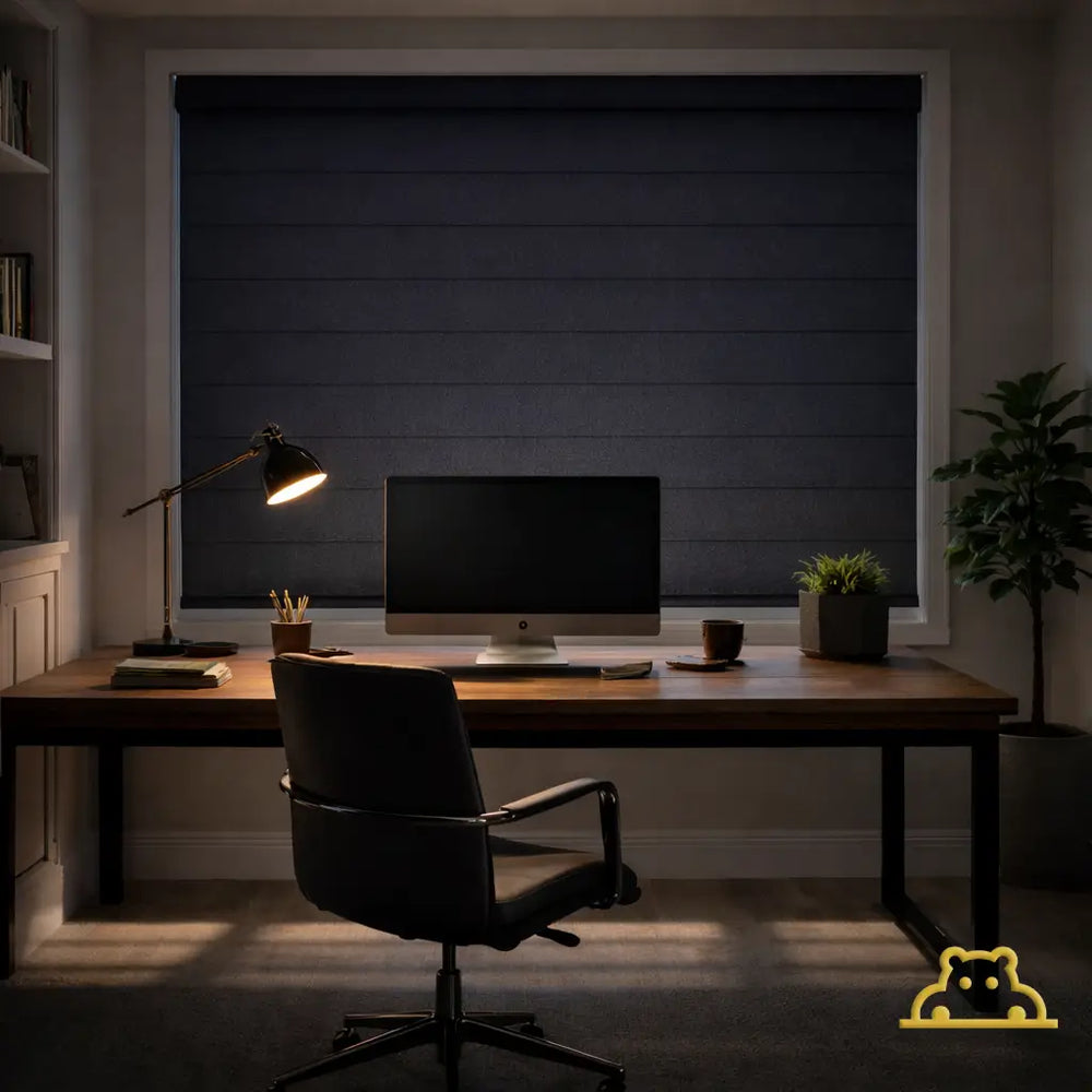 Navy Blue Blackout Zebra Shades in the closed position, demonstrating total light block in a high-end office.