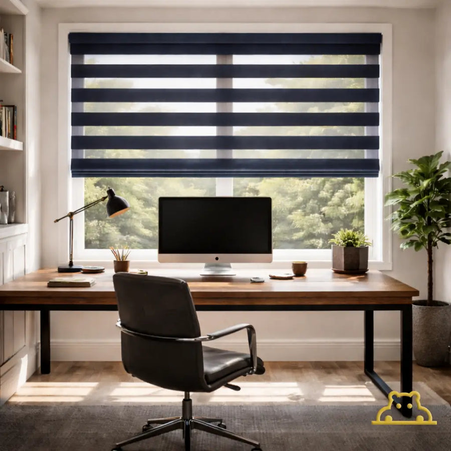 Luxury home office with Navy Blue Blackout Zebra Shades in the open position casting precision light bands on a desk.