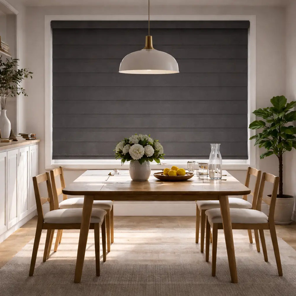 Slate Gray Blackout Zebra Shades in the closed position, showing light blocking capability in a dining room.