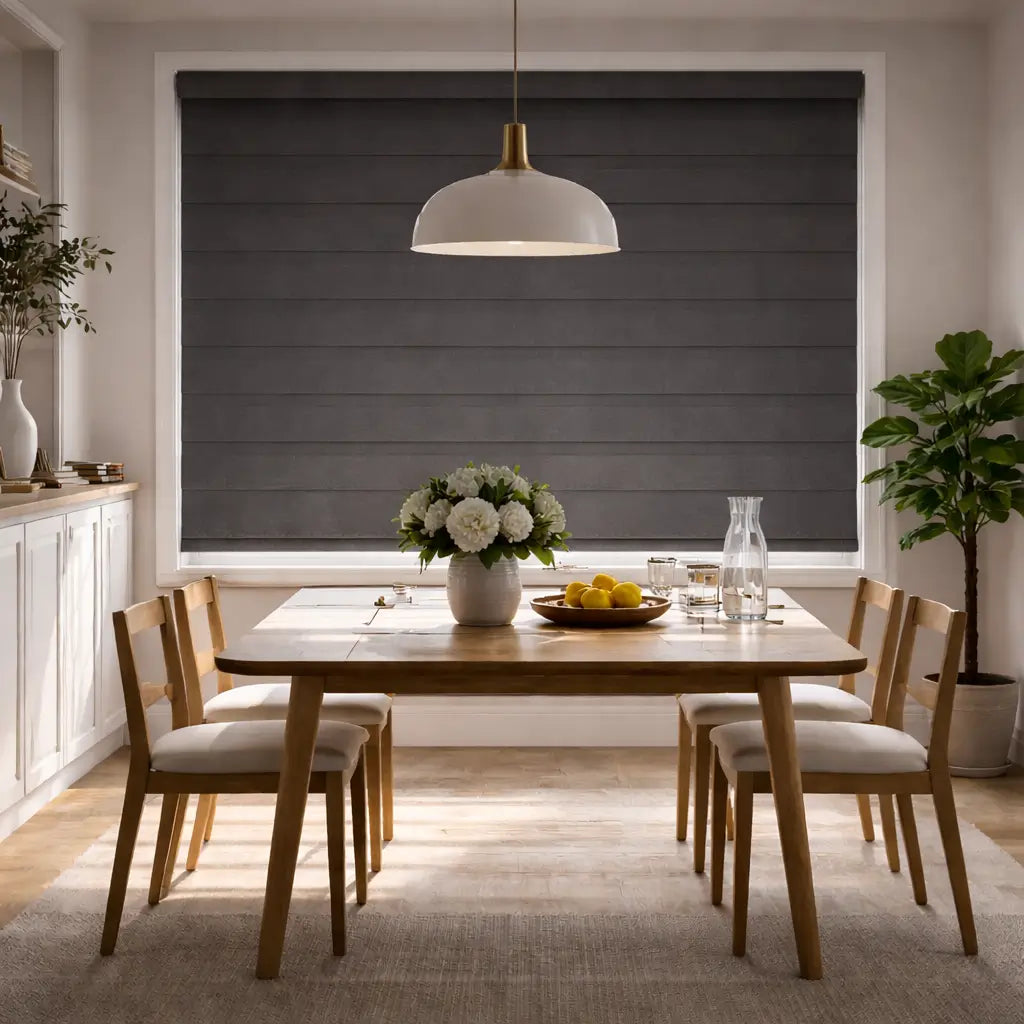 Slate Gray Blackout Zebra Shades in the closed position, showing light blocking capability in a dining room.