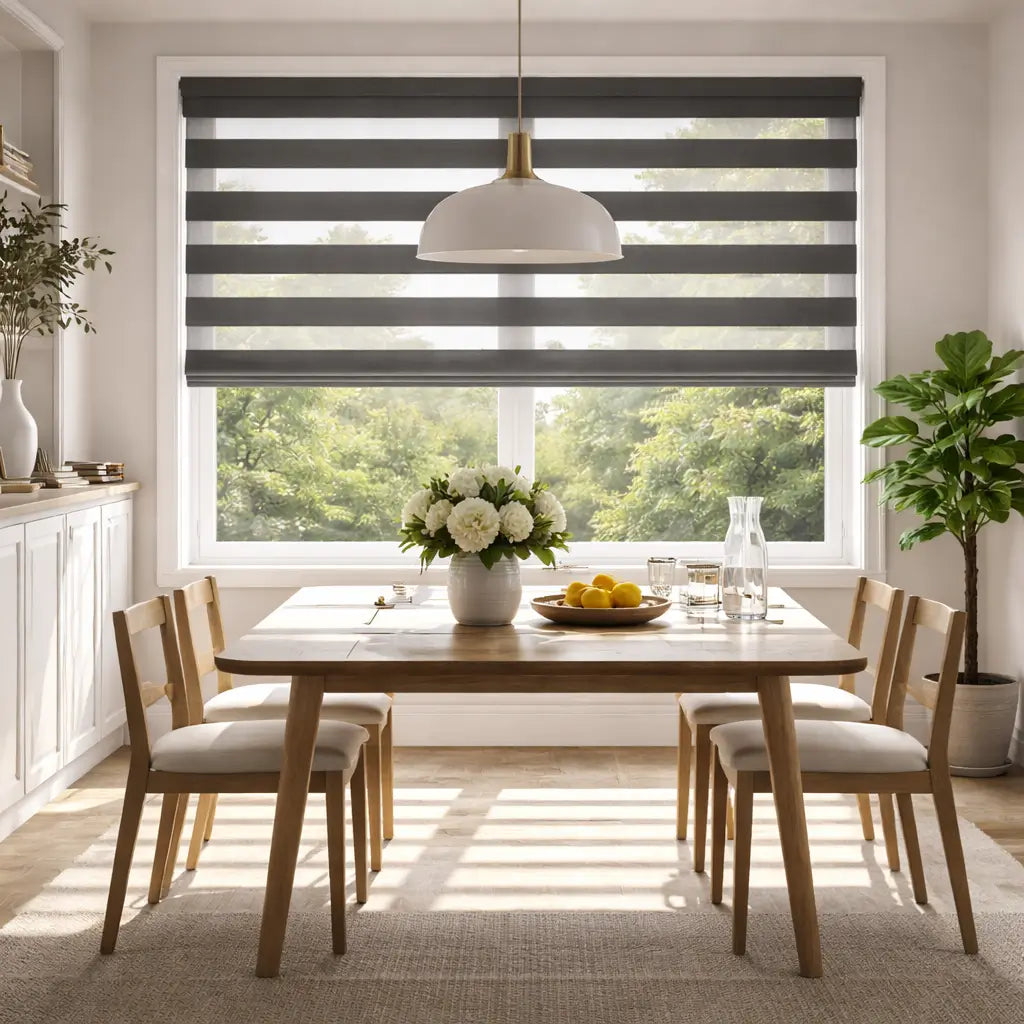 Modern dining room with Slate Gray Blackout Zebra Shades in the open striped position with sunlight filtering in.