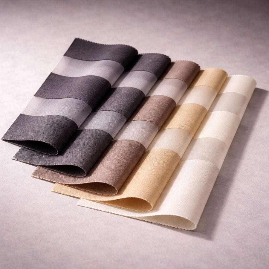 Zebra shades semi-blackout fabric swatches with soft alternating sheer and solid bands for diffused light